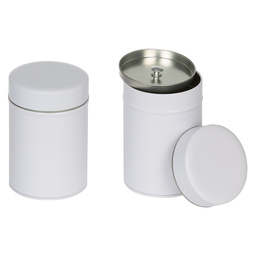 Eindrückdeckeldosen: Dose, für ca. 100 Gramm Tee; runde Stülpdeckeldose mit Innendeckel, weiß, aus Weißblech.