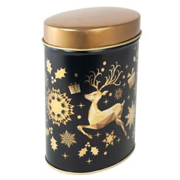: Weihnachten Oval; ovale Stülpdeckeldose aus Weißblech, mit Weihnachtsmotiv.