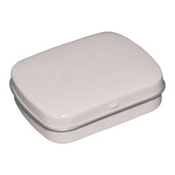 Falzdeckeldosen: Pocket tin weiss für Bonbons; rechteckige Scharnierdeckeldose aus elektrolytischem Weißblech.