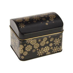 : Weihnachtliche Dose, schwarz, gold, Weihnachtsmotiv mit Schneeflocken, rechteckige Stülpdeckeldose 104x76x80 mm, aus Weißblech.