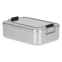 Maskendosen: Lunchbox aus Aluminium mit verschließbarem Deckel.