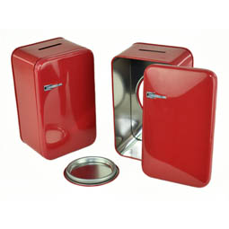 Formy specjalne: Spardose Retro-Kühlschrank aus Weißblech, rot, mit Verschluss auf Rückseite