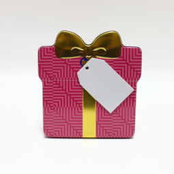 Speciale mallen: Schmuckdose Geschenkdose pink mit goldener stilisierter Schleife, Weißblechdose Draufsicht stehend