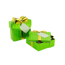 Formy specjalne: Schmuckdose Geschenkdose grün gestreift mit goldener stilisierter Schleife, Weißblechdose halb geöffnet im Vordergrund liegend, zweite geschlossen stehend