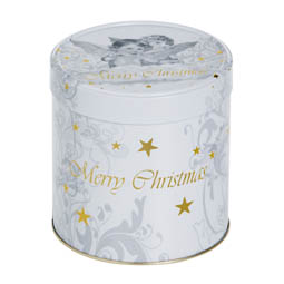 Christmas tins: Dose für Weihnachten. Runde Stülpdeckeldose aus Weißblech mit Weihnachtsmotiv und Aufdruck „Merry Christmas“.