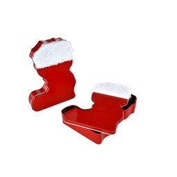 Naše produkty: Weihnachtsdosen Nikolausstiefel rot - Sonderform Stiefel - Stülpdeckeldose aus elektrolytischem Weißblech