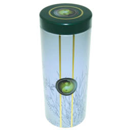 Duftdosen: Dose Tee Garden, für Tee; lange, runde Stülpdeckeldose, weiß/grün, bedruckt, dia.65/170 mm, aus Weißblech.