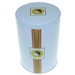 Käsedosen: Dose Yin Yang, für Tee; große, runde Stülpdeckeldose, weiß, bedruckt, dia. 108/157 mm, aus Weißblech.