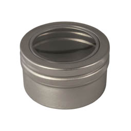 Pillendosen: Dose,30 ml, aus Aluminium mit Schraubdeckel und Sichtfenster; runde Schraubdeckeldose, mit Schutzlack.