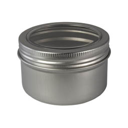 Bonbondosen: Dose,110 ml, aus Aluminium mit Schraubdeckel und Sichtfenster; runde Schraubdeckeldose, mit Schutzlack.