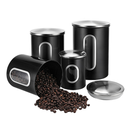 Onze producten: Vorratsdosen Edelstahl Set, geöffnet und geschlossen, mit Kaffee