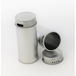 Blechdosen: runde Stülpdeckeldose 40/90 mm mit Streulöcher am Rumpf und Deckel aus elektrolytischem Weißblech